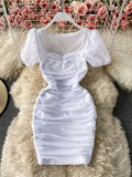 Sexy Mesh Draped Bodycon Dress Women Elegant Square Collar Short Puff Sleeve Pleated Vestidos Female