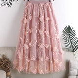 Flower Embroidery Tulle Midi Skirt Women Summer Elegant Elastic High Waist A-line Tutu Skirt Female Casual Pleated