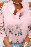 Hollow Out Printed Blouses V-Neck Short Sleeve Lace Shirts Summer Female Strapless Blouse Women Casual Tops Elegant