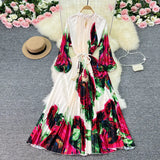 Zingj Luxury Retro French Round Collar Lantern Long Sleeve Print Dress Women's Belt With Loose Waist Show Thin Pleated