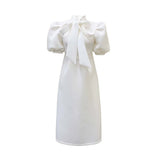 Plus Size Women's Summer Bow Solid Color Banquet Short Sleeve