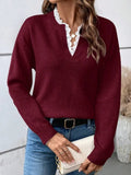 2025 New Fashion Lace V-Neck Sweater Solid Color Loose Long-Sleeved Knitwear
