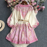 And Summer New French Retro Holiday Style V Neck Lantern Sleeves To Collect Long Print Small