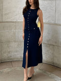 Ladies Knitted Jersey Dress Round Collar Sleeveless Button Slimming