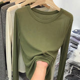 Zingj Round Neck Long-Sleeved T-Shirt Sunscreen Women's Spring 2024 New Korean Version Slim Solid Bottom Top