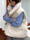 Women Sleeveless Jacket Puffer Vest Ladies Winter Warm Waistcoats Female Solid Stand Collar Coat Loose Outwear Weste