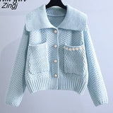Sweet Lolita Pearl Knitted Sweater Women Peter Pan Collar Single Breasted Cardigan Autumn Preppy Style Loose
