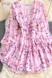 Women Green/Purple/Beige Floral Chiffon Dress Bohemian V-Neck Lantern Long Sleeve High Waist Ruffle Vestidos Female
