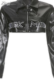 Streetwear Fashion Grunge Zip Up Black PU Leather Jacket Female Letter Embroidery Autumn Coat Motorcycle Jacket