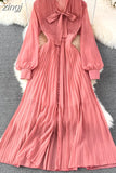 Vintage Women Long Dress Elegant Bow Collar Lantern Sleeve Single Breasted Pleated Maxi Vestidos Female Red/Purple