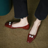 Pearl Flats For Women's Spring / Summer 2025 Soft Leather Patchwork Color With Skirt Square Head Light Mouth Single Shoes Red Single