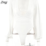 Black Deep V Neck Bodysuit Women Sexy Puff Sleeve Bodycon Jumpsuit Solid Elastic Casual Party Winter Bodysuits Body