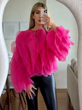 Elegant Short-Colored Women's Top 2025 Autumn And Winter New High-End Splicing Multi-Layer Mesh Shirt