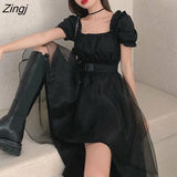 Women Sashes Mesh Vintage Solid French Slim Square Collar Trendy Design Party Dance Ulzzang Harajuku Mujer Summer