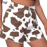 Streetwear Women's Black White Denim Shorts Casual Cows Printed High Waist Jeans Short