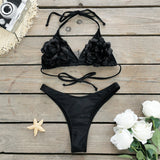 Three-Point Microbikini New Three-Dimensional Flower Split Swimsuit Woman 2025 Strap Solid Color