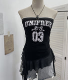 Shooting Retro Letter Print Bump Color Palette Vest Body Splicing Mesh Yarn With Hottie Top