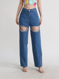 Zingj Jeans Female 2024 New Fashion Nail Drill Design Sense Hollow Out Wash Water Versatile Trousers Summer