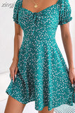 Women Flroal Print A-Line Short Dress Summer Shrinkage Design Bandage Boho Mini Dress Ladies Square Collar Vestido