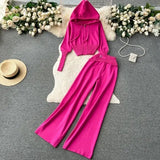 And Winter Solid Knitted Hooded Hooded Jersey Blouse High Waist-Hanging Feeling Trousers Casual Two Sets Of