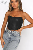 PU Leather Women Tube Tops Bustiers Corsets Strapless Off Shoulder Tank Vest Clubwear Bodycon Slim Push Up
