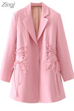 Quality Women Blazer Jacket Autumn Drawstring Casual Elegant Blazers Jacket Long Sleeve Outerwear Chic Coat Tops