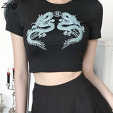 Women Short Sleeve O Neck Dragon Print T-shirt Summer Fashion Crop Top for Shopping Daily