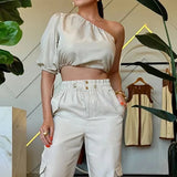 Zingj 2024 New Fashion Diagonal Collar Rotator Sleeve Top Casual Wind Pants Two-Piece Set-Outfit