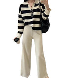 Vintage Lazy Wind High-End Softy Loose Stripe Collar Fashion Knitting Suit
