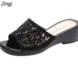 new women's slippers comfortable breathable wedge with thick bottom versatile mesh rhinestone slippers