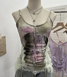 Shooting Millennium Spice Girls Heavy Industry Lace Stitching Print Beaded Sling Vest Strapped Short Sleeveless Top