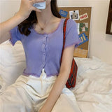 Women Patched Lace O-Neck Knitted Short Sleeve Thin Sweaters Cardigans Lady Single-breasted Buttons Sweater Crop Tops