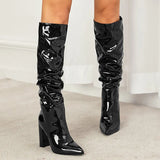 Large-Size Show Patent Skin Naturally Wrinkled Sharp Head Thick And Female High Heels