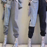 Pants Women Denim Patchwork Streetwear Fashion Design Spring Loose Elastic Waist Spliced Asymmetric Ankle-Length
