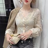 Sexy V-Neck Hollow Lace Blouse Women Long Sleeve Apricot Shirt Slim Short Women Tops Clothing Blusas Mujer De Moda
