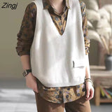 Vest Women V-neck Solid Pockets Loose All-match Autumn Fashion Korean Casual Свитер Женский Retro Simple Knitwear