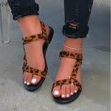 Summer Weaving Ribbon Magic Flat-Soled Sandals Women Buckle Large Size Leopard Color Beach Cool