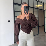 High-End Light Luxury Summer Solid-Colored Shoulder Collar Lantern Cuffs Waist Design Long-Sleeved