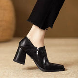 Brown 2025 New Spring And Autumn Square Wood Grain Thick Heel Deep Mouth Single Shoes Women's Side Zipper Work High