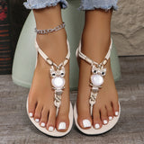 Women's Shoes 2025 Summer New Bohemian Owl Beaded Flat Sandals Toe Beach Women's