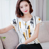 summer Women chiffon shirt and tops fashion casual O-neck printing pattern Leisure Lady shirts Loose office lady 3741