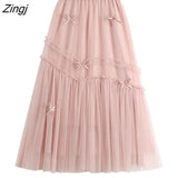 Bow Pink Long Tulle Skirt Women Korean Fashion ELastic High Waist A-Line Tutu Maxi Skirt Elegant Female Faldas Jupe