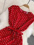 Vintage Polka Dot Pleated Dress Women Red/Green/Black Draped Knee Length Vestidos Female Elegant Robe New