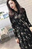 Sleeve Dress Women Floral-printed Chiffon Elegant Black Korean Style Leisure Slender Chic Student Streetwear Womens
