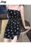 Women A-line Sexy Slim Spaghetti Strap Mini Side Slit Hot Black Summer Butterfly-printed Vintage Streetwear Lady