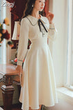 Solid Long Sleeve Bow Peter Pan Collar Woman Dress for Women Clothing Autumn 2023 New Preppy Style Midi Dresses
