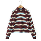 Autumn New Women's College Style Bumpy Horizontal Striped POLO Shirt Long-Sleeved T-Shirt