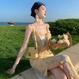 Zingj V-Neck Sling Floral Dress Summer French Seaside Vacation Long