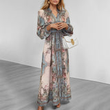Dress Women's New Elegant Temperament V-Neck Fashion Print Long-Sleeved