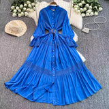 Elegant Dress Women Spring And Autumn French Retro Collar Lace Lace To Receive Waist Single Buckle Swoon